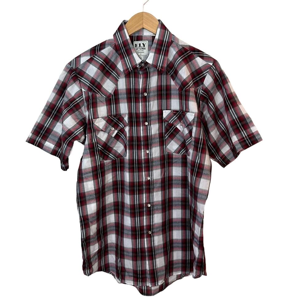 Ely Cattleman Men's Shirt Plaid Medium Pearl Snaps Western Short‎ Sleeve Red